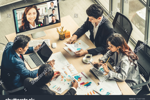 Show stock photo video call group business people meeting on virtual workplace or remote office telework conference 1752871988